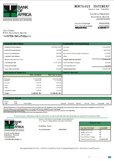 Download Burundi Bank of Africa bank mortgage statement scr Photoshop template